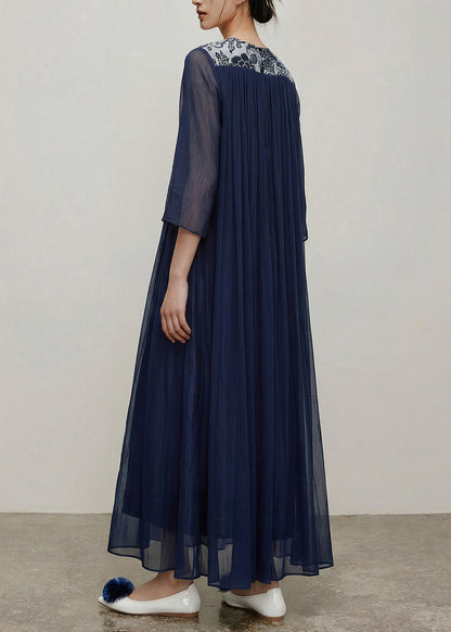 Fitted Navy V Neck Print Patchwork Long Dresses Bracelet Sleeve