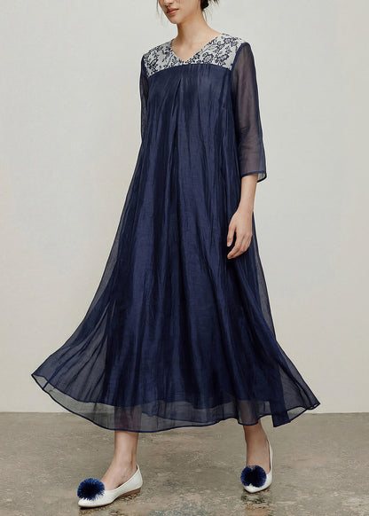 Fitted Navy V Neck Print Patchwork Long Dresses Bracelet Sleeve