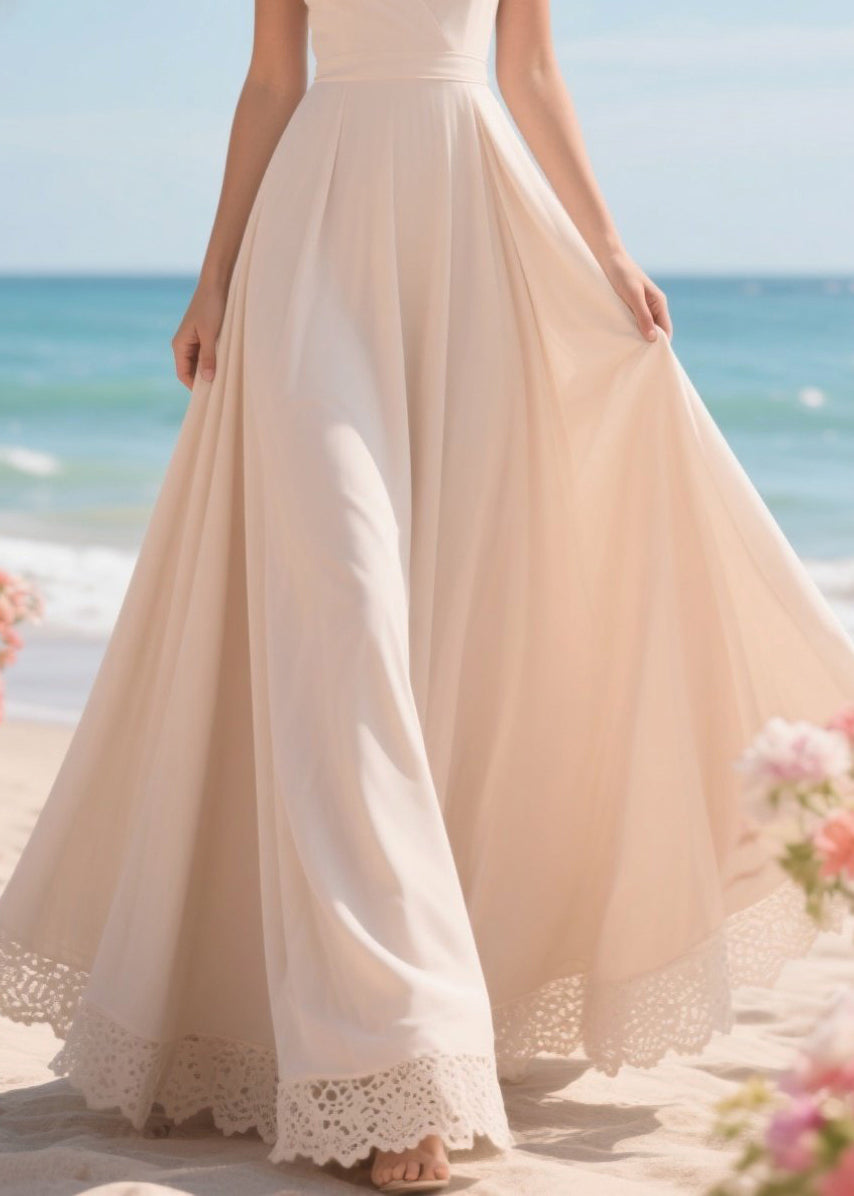 Fitted Nude Lace Patchwork Exra Large Hem Chiffon Cami Dresses Summer
