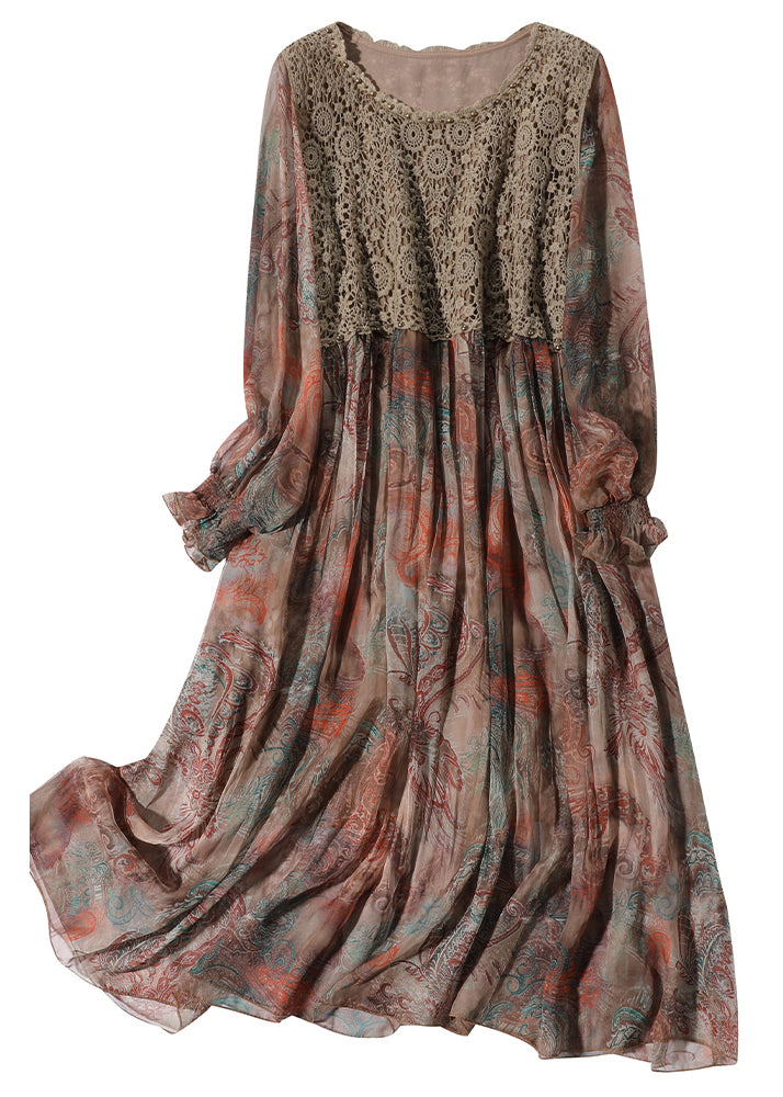 Tailliertes Partykleid aus Chiffon mit Rundhalsausschnitt, Print und Spitze und Patchwork