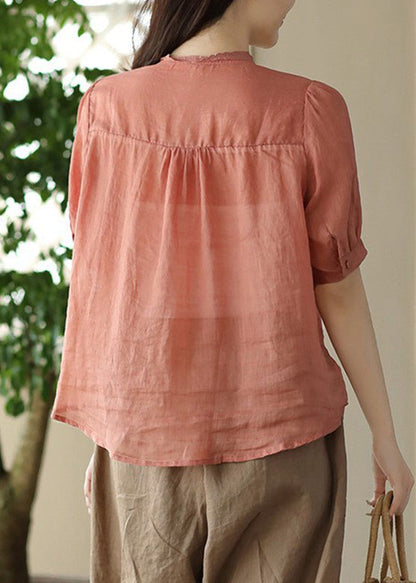 Camisa ajustada de manga corta con botones de ramio y patchwork con volantes en color naranja