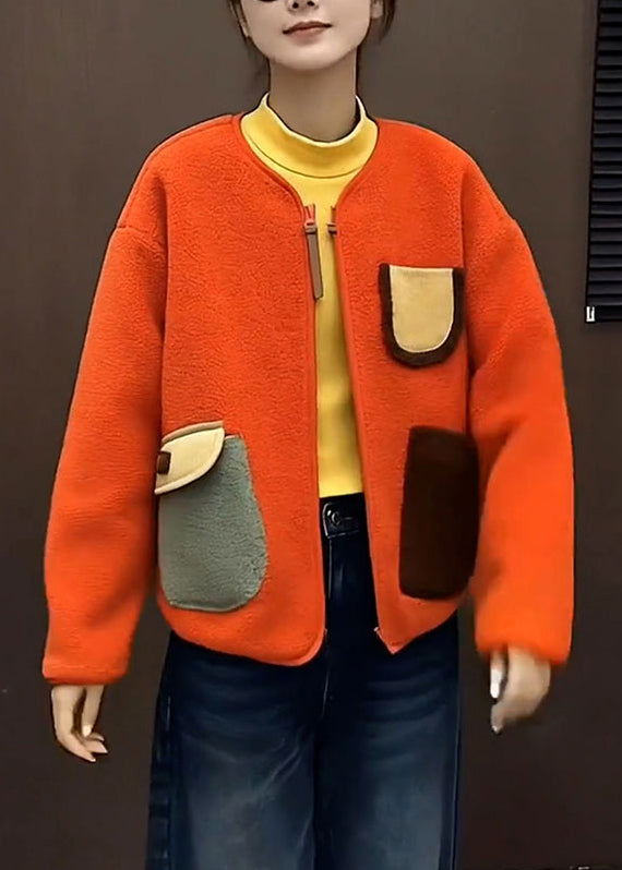 Fitted Orange Zip Up Pockets Patchwork Woolen Coats Winter