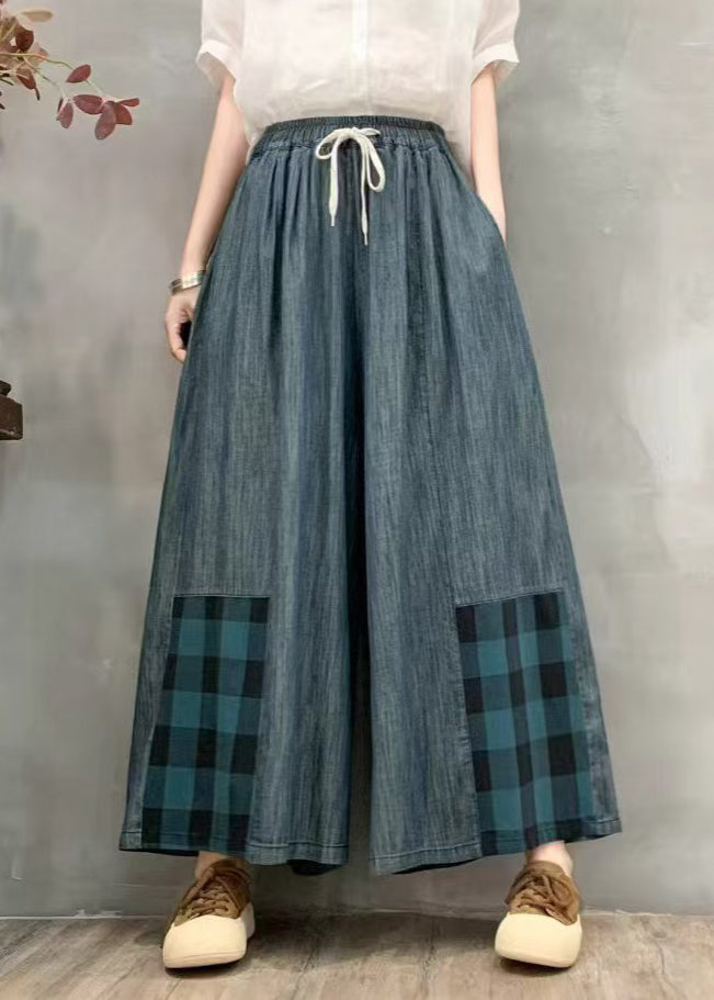 Fitted Oversized Patchwork Plaid Denim Wide Leg Pants Summer