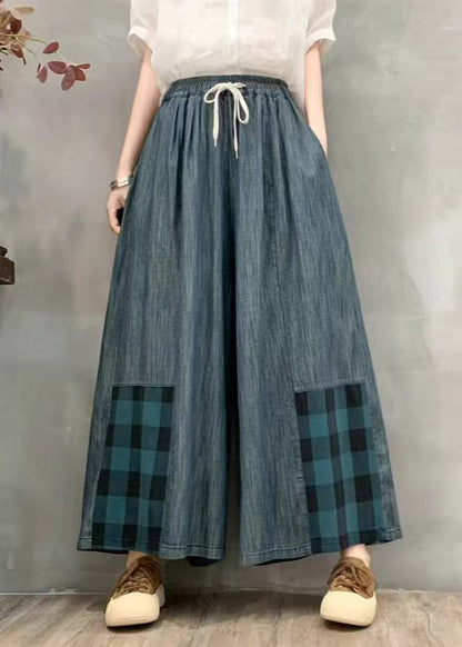 Fitted Oversized Patchwork Plaid Denim Wide Leg Pants Summer