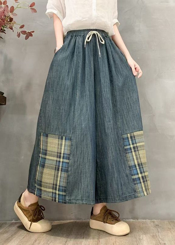 Fitted Oversized Patchwork Plaid Denim Wide Leg Pants Summer