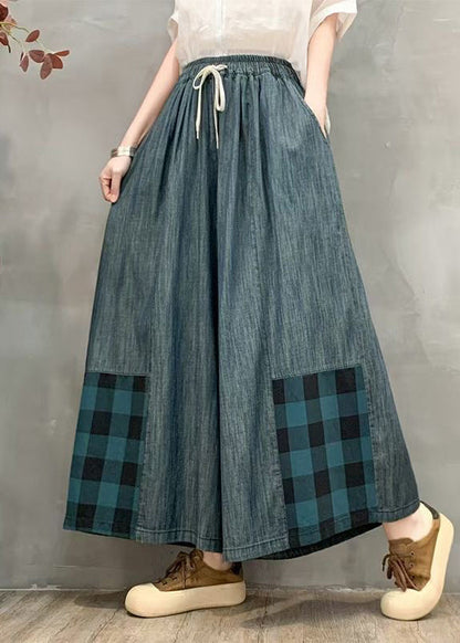 Fitted Oversized Patchwork Plaid Denim Wide Leg Pants Summer