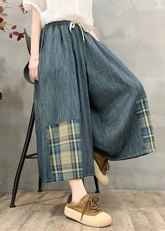 Fitted Oversized Patchwork Plaid Denim Wide Leg Pants Summer