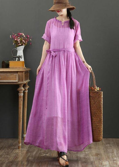 Fitted Pink Purple Bow O-Neck Summer Linen Dress - SooLinen