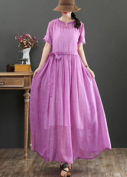 Fitted Pink Purple Bow O-Neck Summer Linen Dress - SooLinen