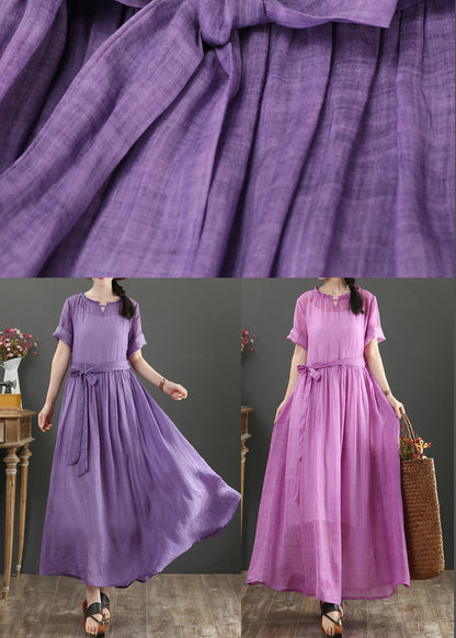 Fitted Pink Purple Bow O-Neck Summer Linen Dress - SooLinen