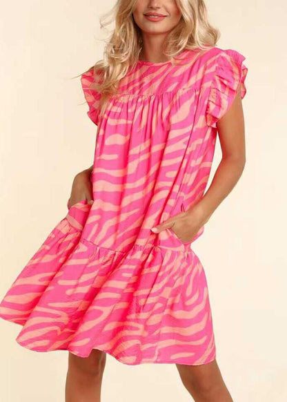 Fitted Pink Ruffled Print Cotton Day Dress Summer