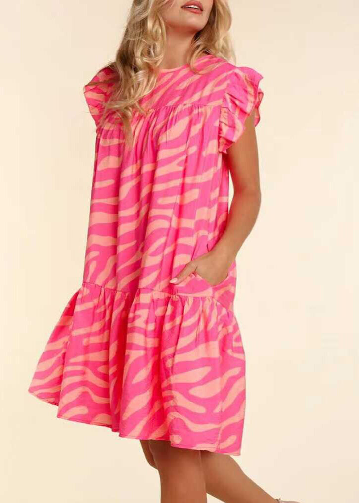 Fitted Pink Ruffled Print Cotton Day Dress Summer