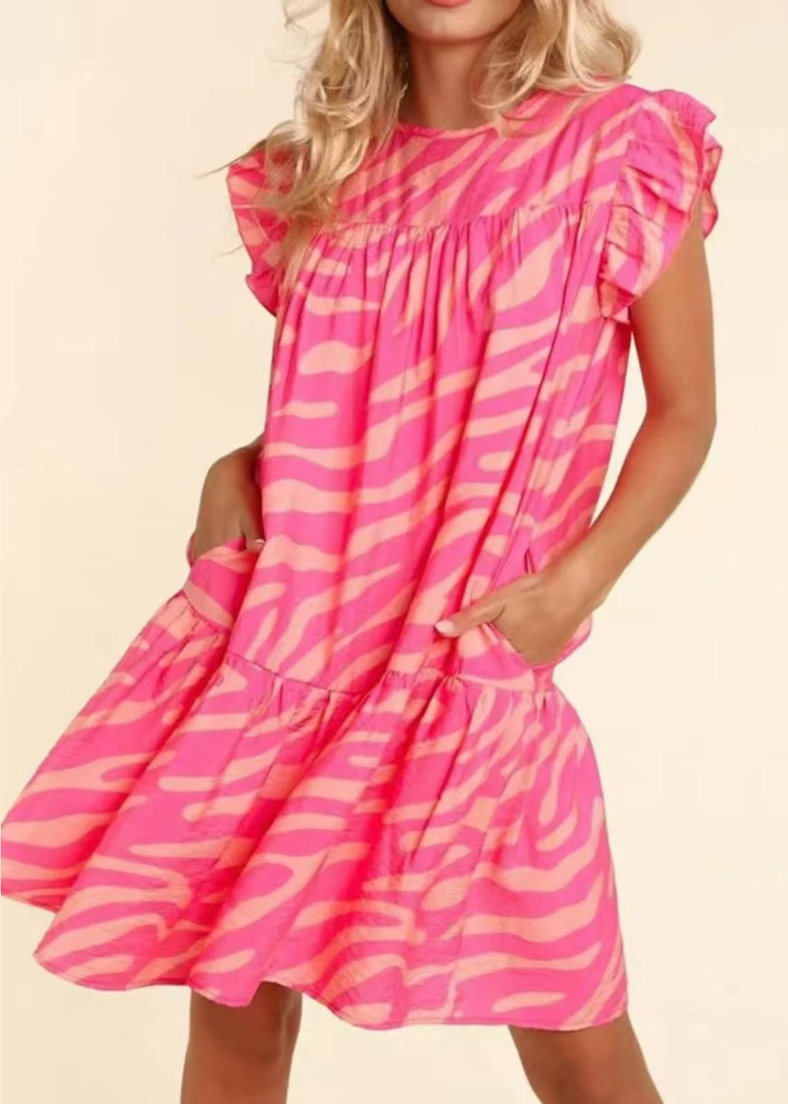 Fitted Pink Ruffled Print Cotton Day Dress Summer