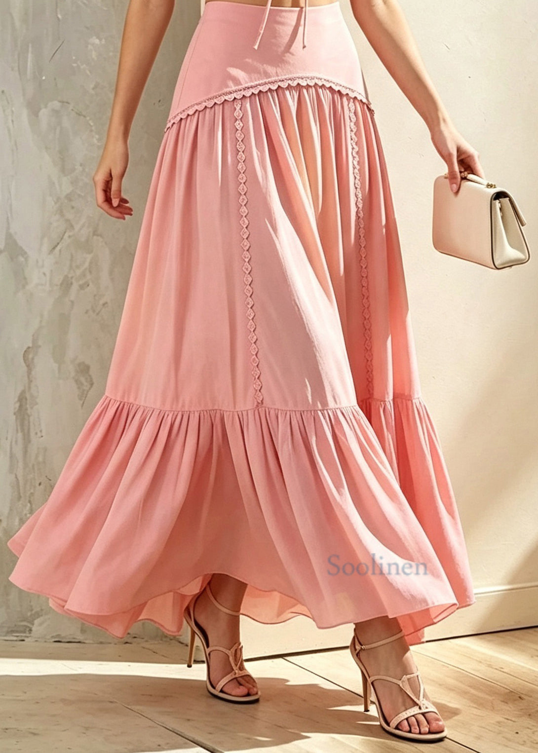 Fitted Pink V Neck Lace Up Top And High Waist Skirts Two-Piece Set Summer