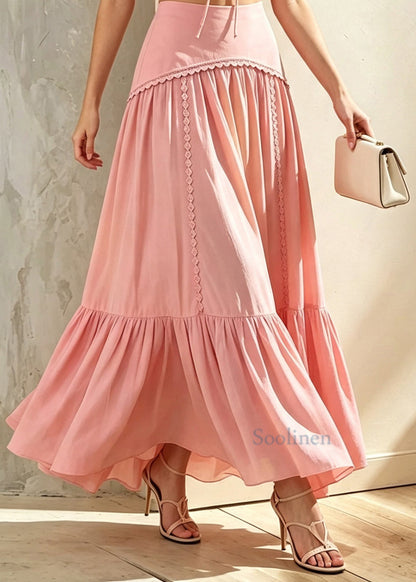 Fitted Pink V Neck Lace Up Top And High Waist Skirts Two-Piece Set Summer
