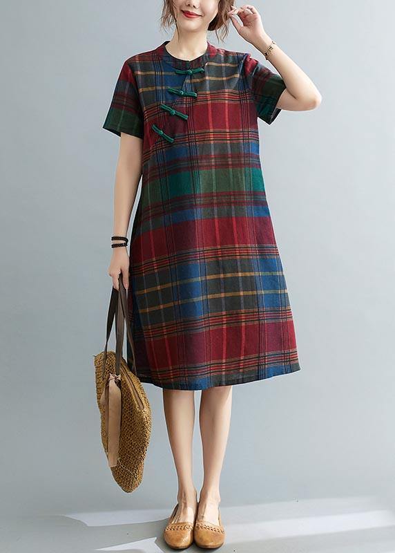 Fitted Plaid Oriental Cotton Linen Summer Dress - SooLinen