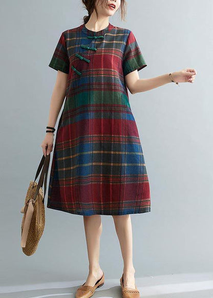 Fitted Plaid Oriental Cotton Linen Summer Dress - SooLinen