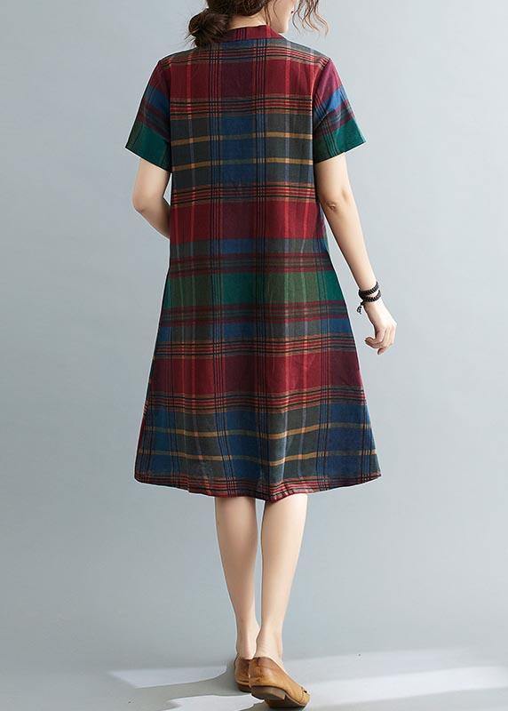 Fitted Plaid Oriental Cotton Linen Summer Dress - SooLinen