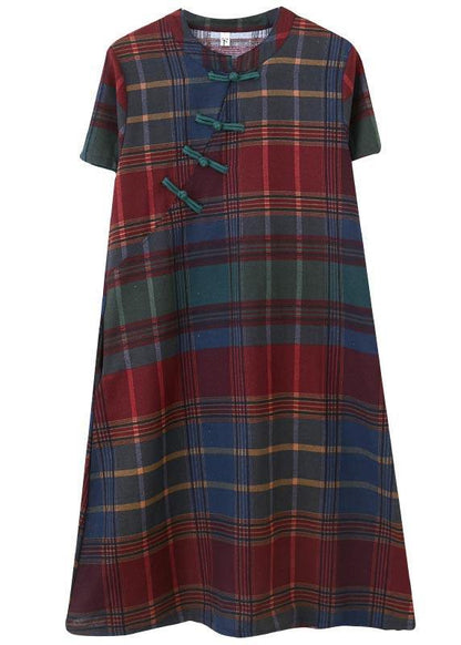 Fitted Plaid Oriental Cotton Linen Summer Dress - SooLinen