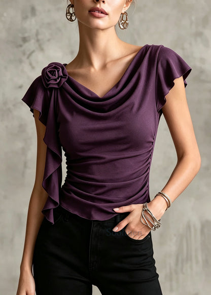 Fitted Purple Floral Wrinkled Ruffles Cotton Top Summer