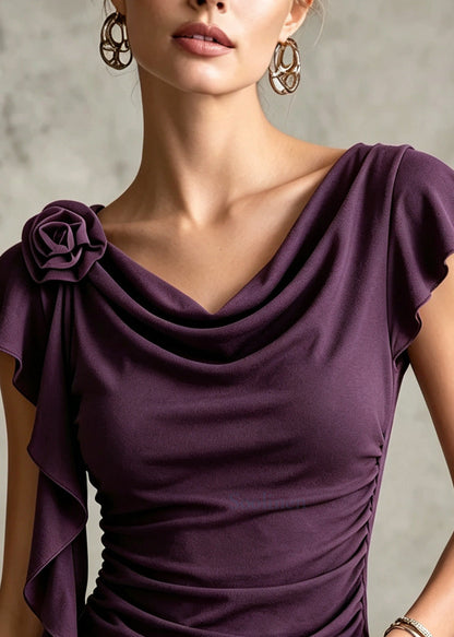 Fitted Purple Floral Wrinkled Ruffles Cotton Top Summer