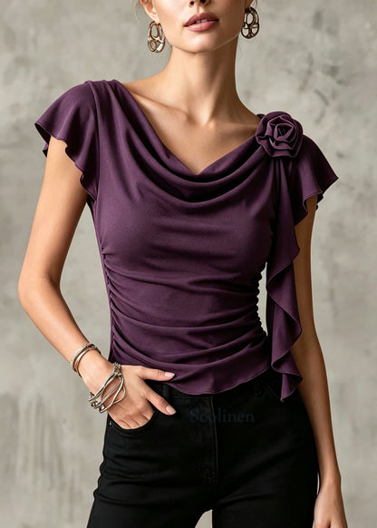 Fitted Purple Floral Wrinkled Ruffles Cotton Top Summer
