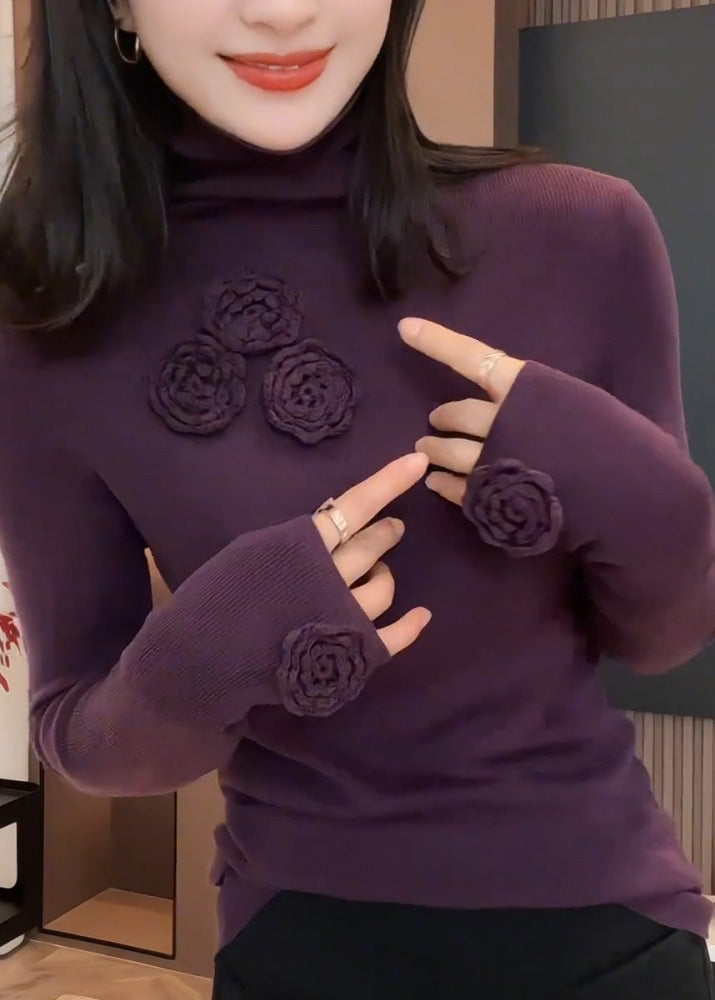 Suéteres de punto con cuello alto, estampado floral y patchwork morados ajustados para primavera
