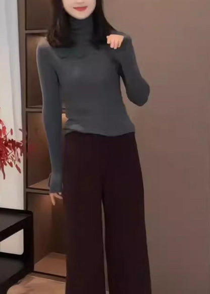 Suéteres de punto con cuello alto, estampado floral y patchwork morados ajustados para primavera