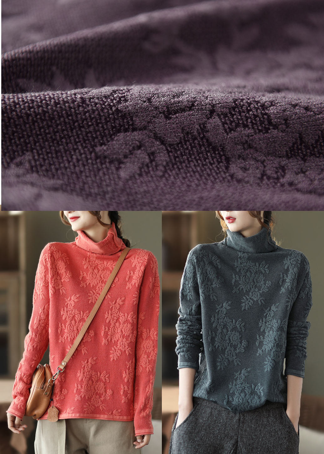 Taillierte Lila dicke Strickoberteile Rollkragen Frühling