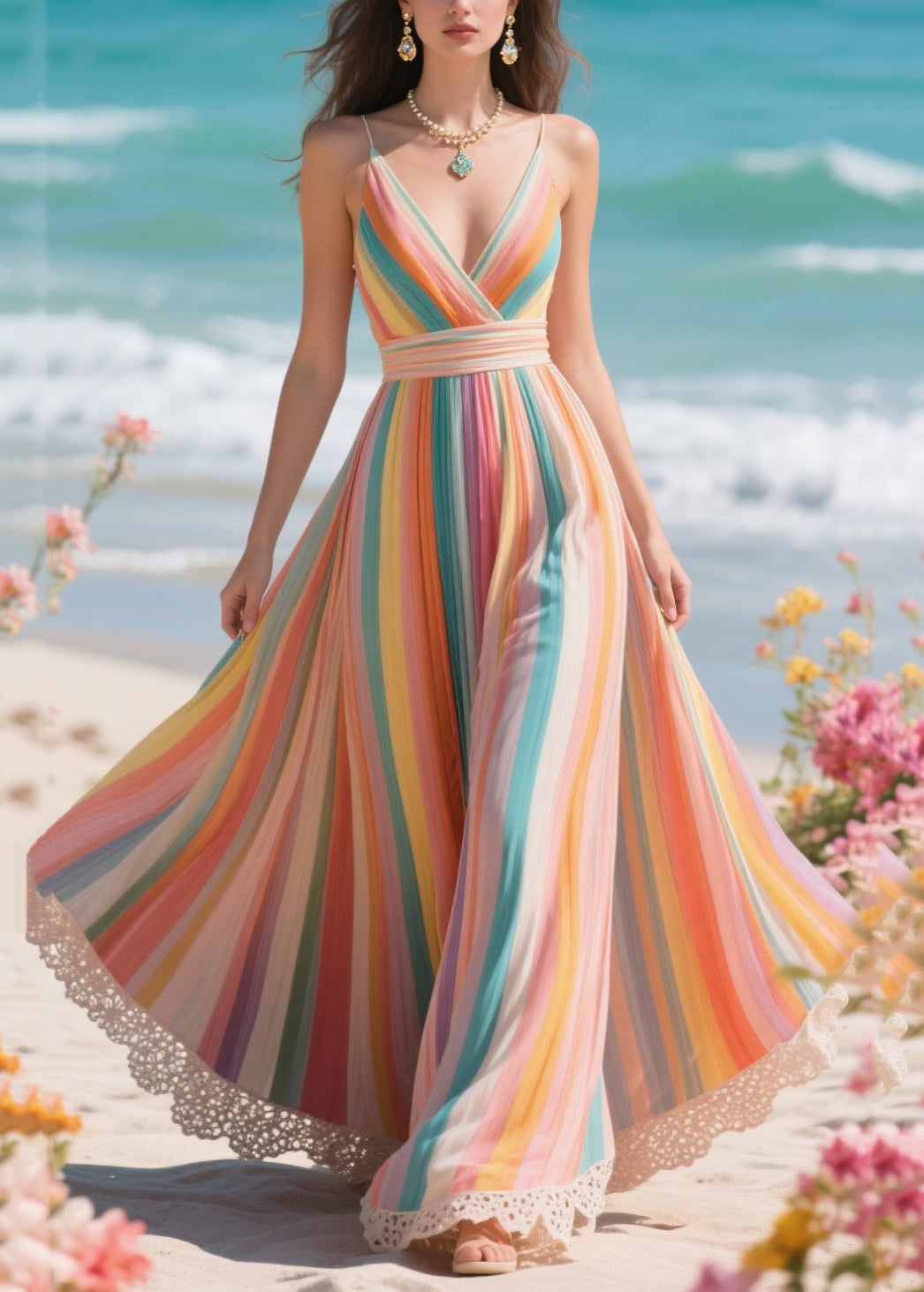 Fitted Rainbow Striped Patchwork Lace Chiffon Tunic Dresses Summer