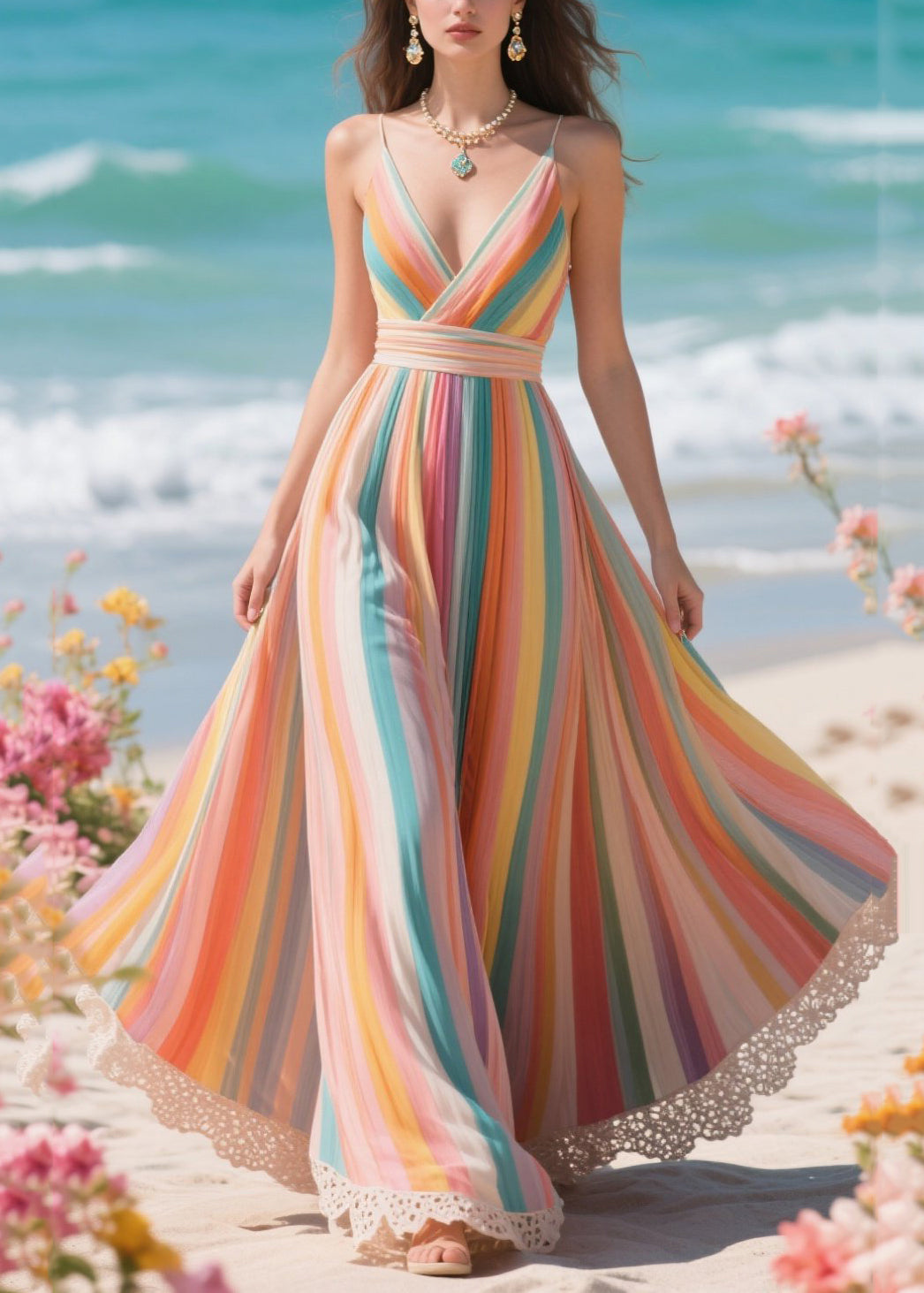 Fitted Rainbow Striped Patchwork Lace Chiffon Tunic Dresses Summer