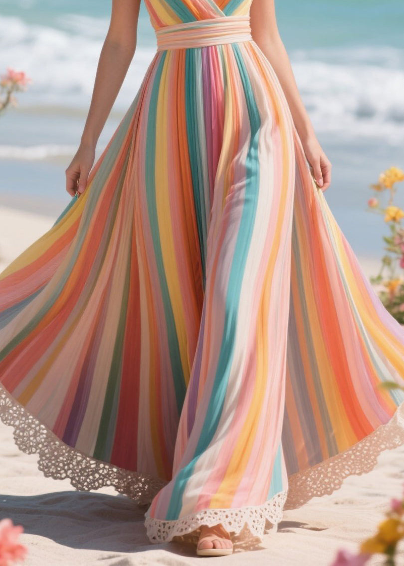 Fitted Rainbow Striped Patchwork Lace Chiffon Tunic Dresses Summer