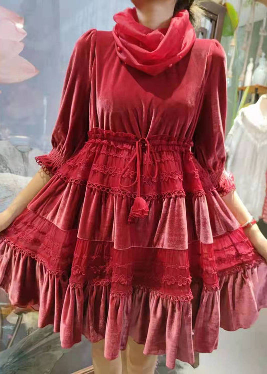 Tailliertes rotes, tailliertes Patchwork-Velours-Partykleid für den Frühling