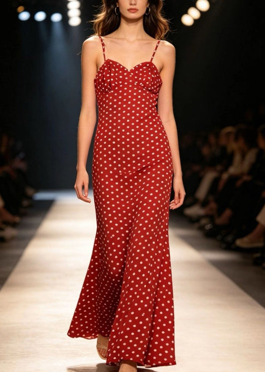 Fitted Red Cold Shoulder Dot Flattering Long Spaghetti Strap Sleeveless