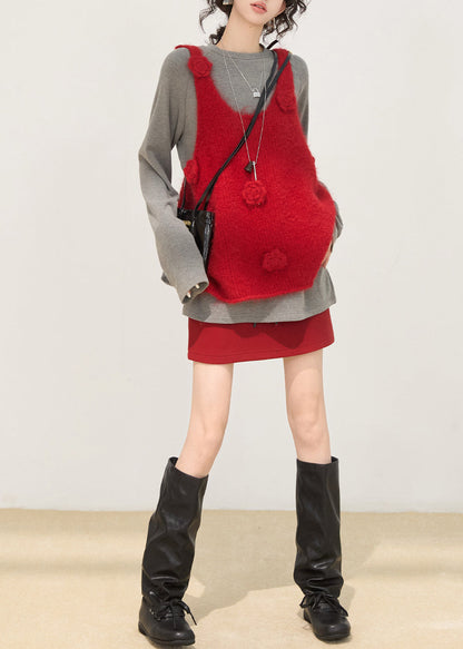 Taillierte rote Strickwesten mit Blumenmuster für den Winter