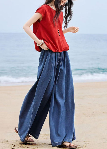 Fitted Red O-Neck T Shirts And Wide Leg Jeans Two Piece Set Short Sleeve