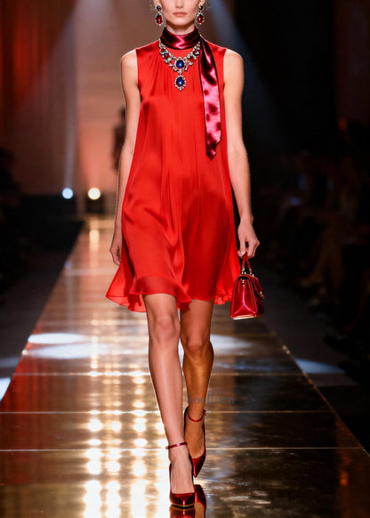 Fitted Red Oversized Draping Chiffon Holiday Dress Summer