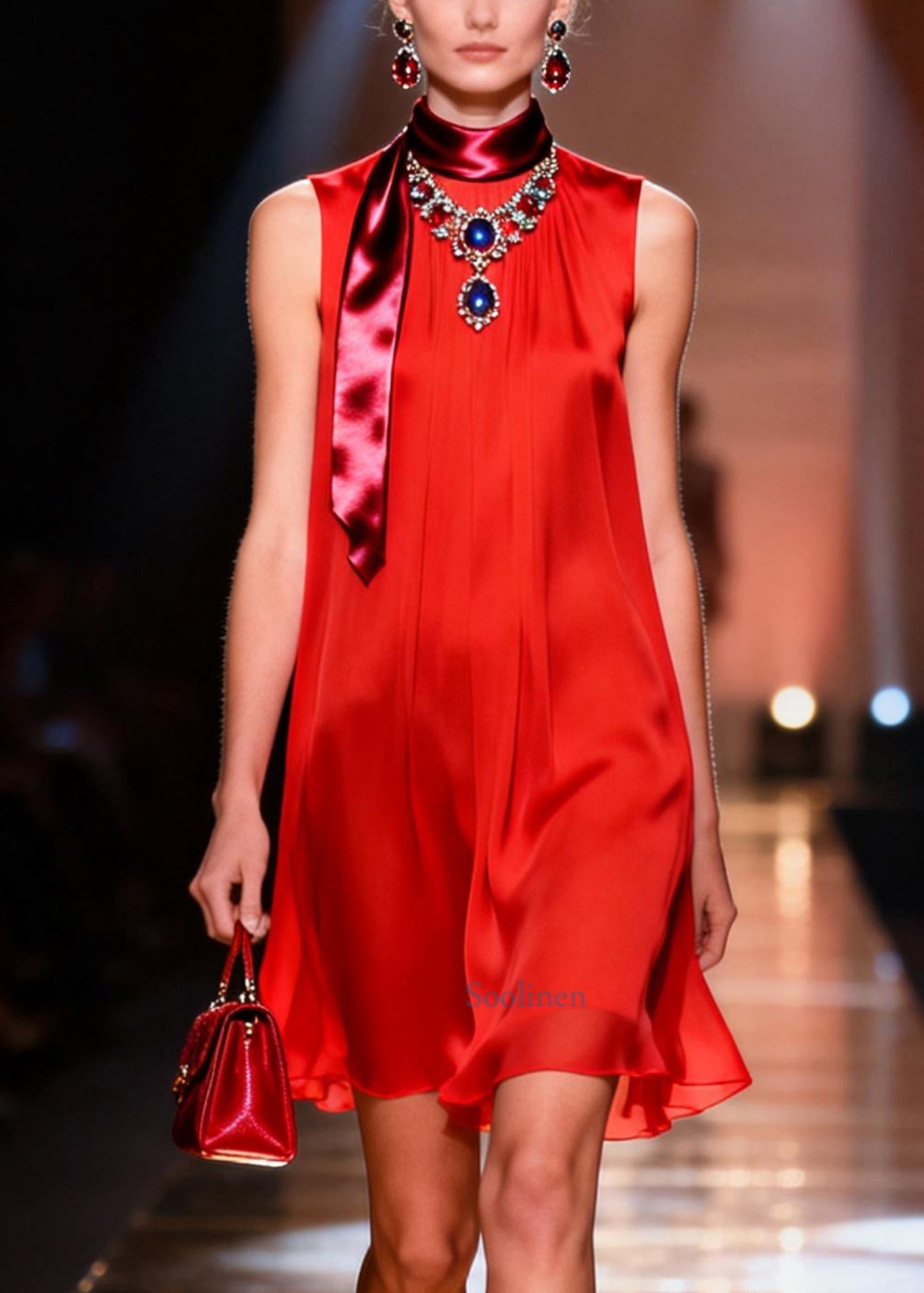 Fitted Red Oversized Draping Chiffon Holiday Dress Summer