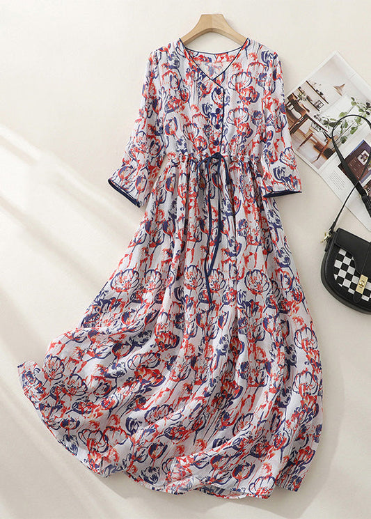 Vestido largo ajustado de cuadros rojos con escote en V, cintura arrugada y botones, manga corta