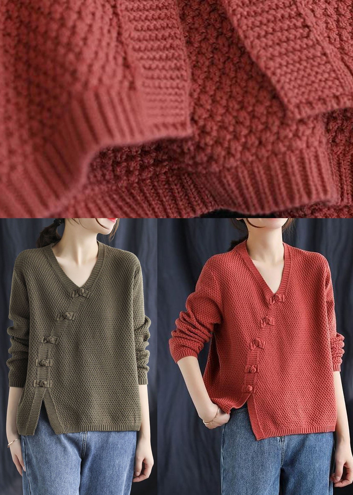 Taillierter roter V-Ausschnitt-Pullover mit Patchwork-Knopfleiste im Herbst