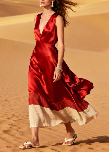 Fitted Red V Neck Patchwork Silk Dress Summer