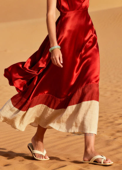 Fitted Red V Neck Patchwork Silk Dress Summer