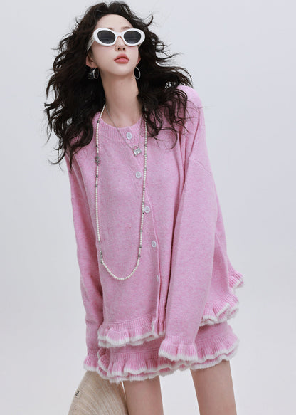 Fitted Rose Ruffled Oversized Knit Cardigan Two Pieces Set Winter
