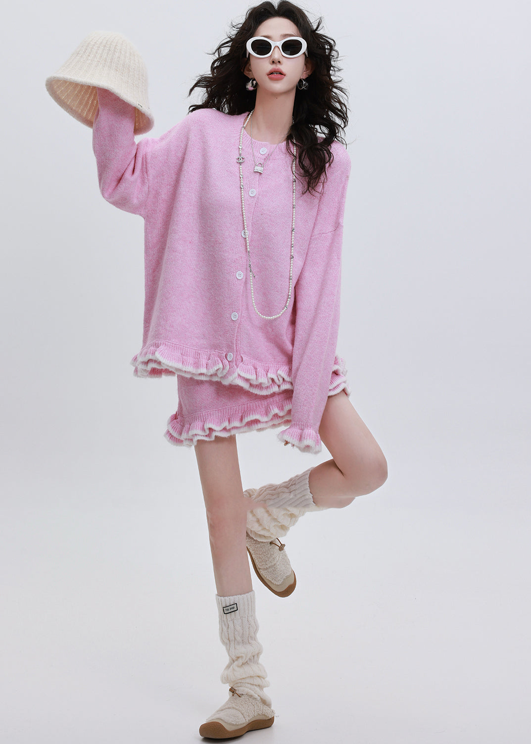 Fitted Rose Ruffled Oversized Knit Cardigan Two Pieces Set Winter