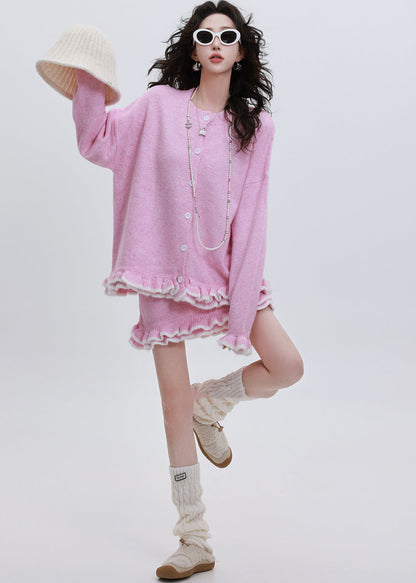 Fitted Rose Ruffled Oversized Knit Cardigan Two Pieces Set Winter
