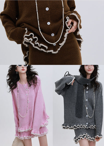 Fitted Rose Ruffled Oversized Knit Cardigan Two Pieces Set Winter