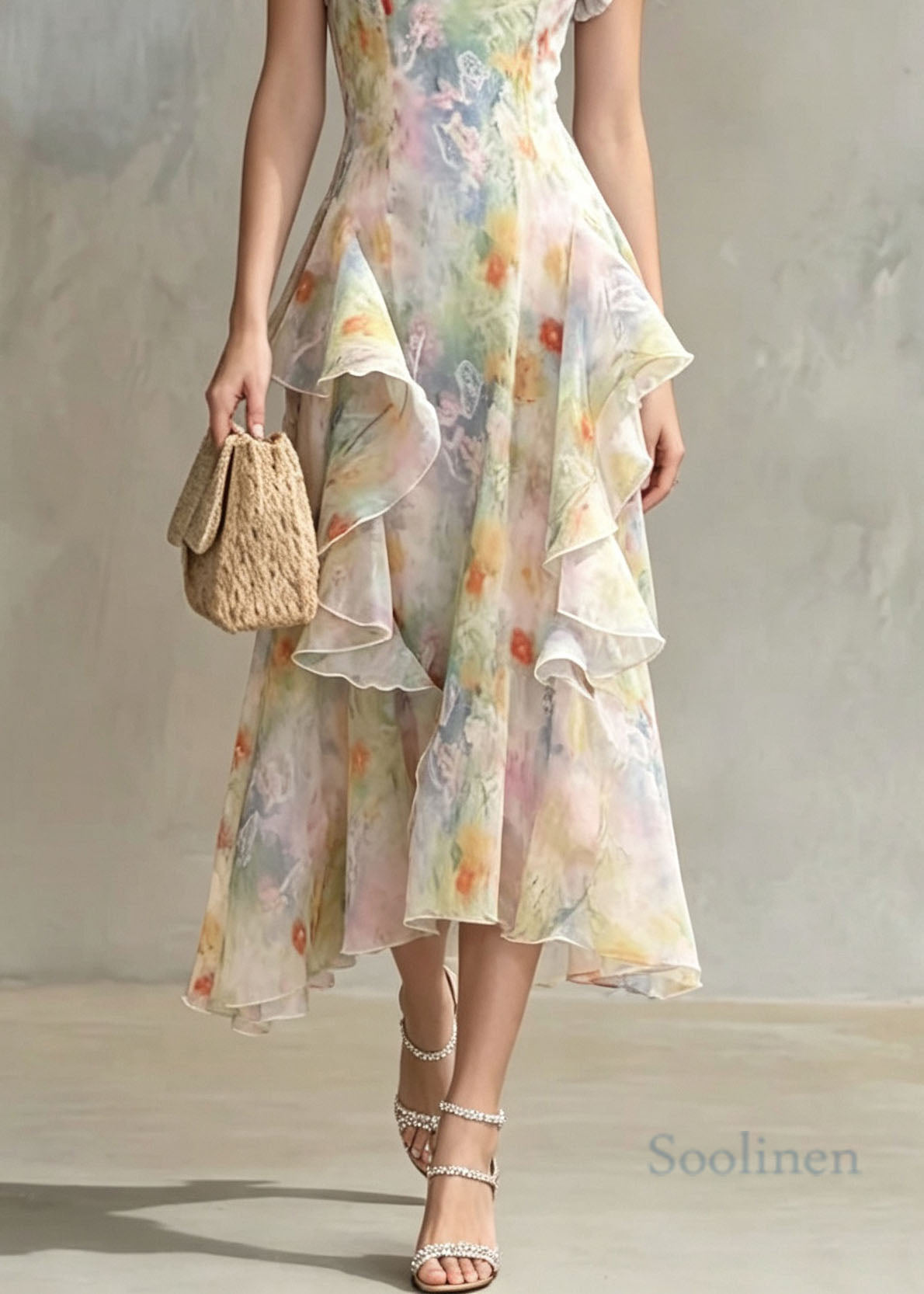 Fitted Ruffled Print Chiffon Long Dresses Summer