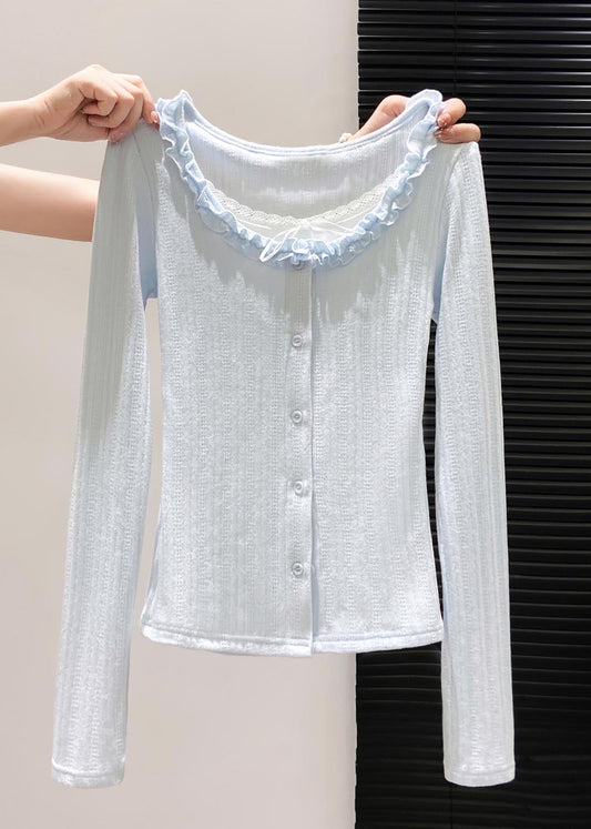Fitted Sky Blue Ruffled Patchwork Cotton Tops Fall