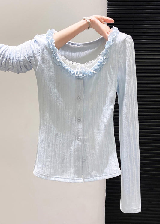 Fitted Sky Blue Ruffled Patchwork Cotton Tops Fall