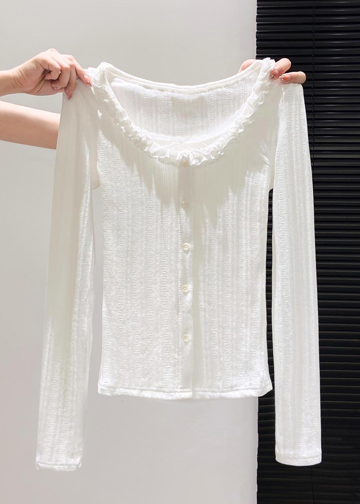 Fitted Sky Blue Ruffled Patchwork Cotton Tops Fall